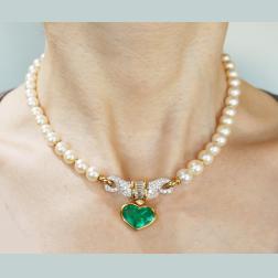 Bvlgari Heart Emerald Diamond Pearl Gold Necklace Bulgari