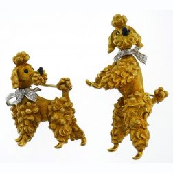 Cartier Diamond Yellow Gold Poodle Clip Pin Brooch Pair