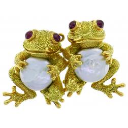 Clunn Yellow Gold Frog Pin Brooch Clip with Pearl and Ruby