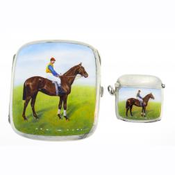 Enamel Silver Cigarette Case and Pendant Pillbox Hand Painted Jockey on Horse