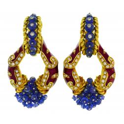 Giovane Enamel Yellow Gold Earrings with Blue Sapphire Diamond, Day and Night