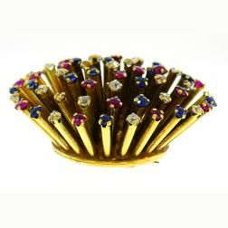 Yellow Gold Sputnik Pin Brooch Clip with Diamond Sapphire Ruby, French 1950s