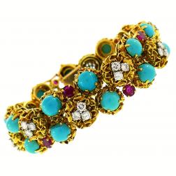 Turquoise Diamond Ruby Yellow Gold Bracelet French