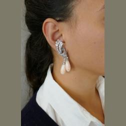 Art Deco Earrings Coral Diamond Platinum Dangle Estate