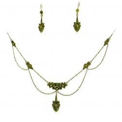 Art Nouveau Enamel Gold Necklace and Earrings Set with Diamond and Seed Pearl