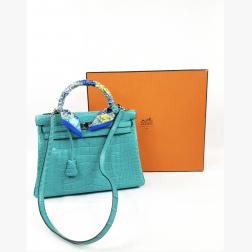 Hermès Kelly Retourne 32 Blue Atoll Alligator Mississippiensis Mat Handbag w/ Scarf