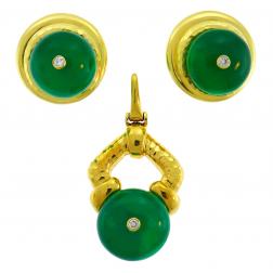 Andrew Clunn Yellow Gold Earrings Pendant Set with Chrysoprase Diamond Accents