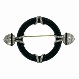 Art Deco Diamond Black Onyx Platinum Pin Brooch Clip, 1910s