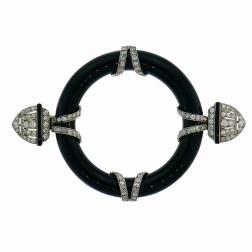 Art Deco Diamond Black Onyx Platinum Pin Brooch Clip, 1910s