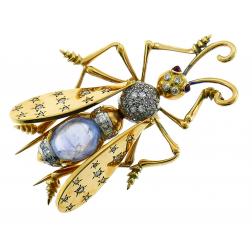 Vintage Retro French Yellow Gold Fly Brooch Pin Clip Moonstone Diamond