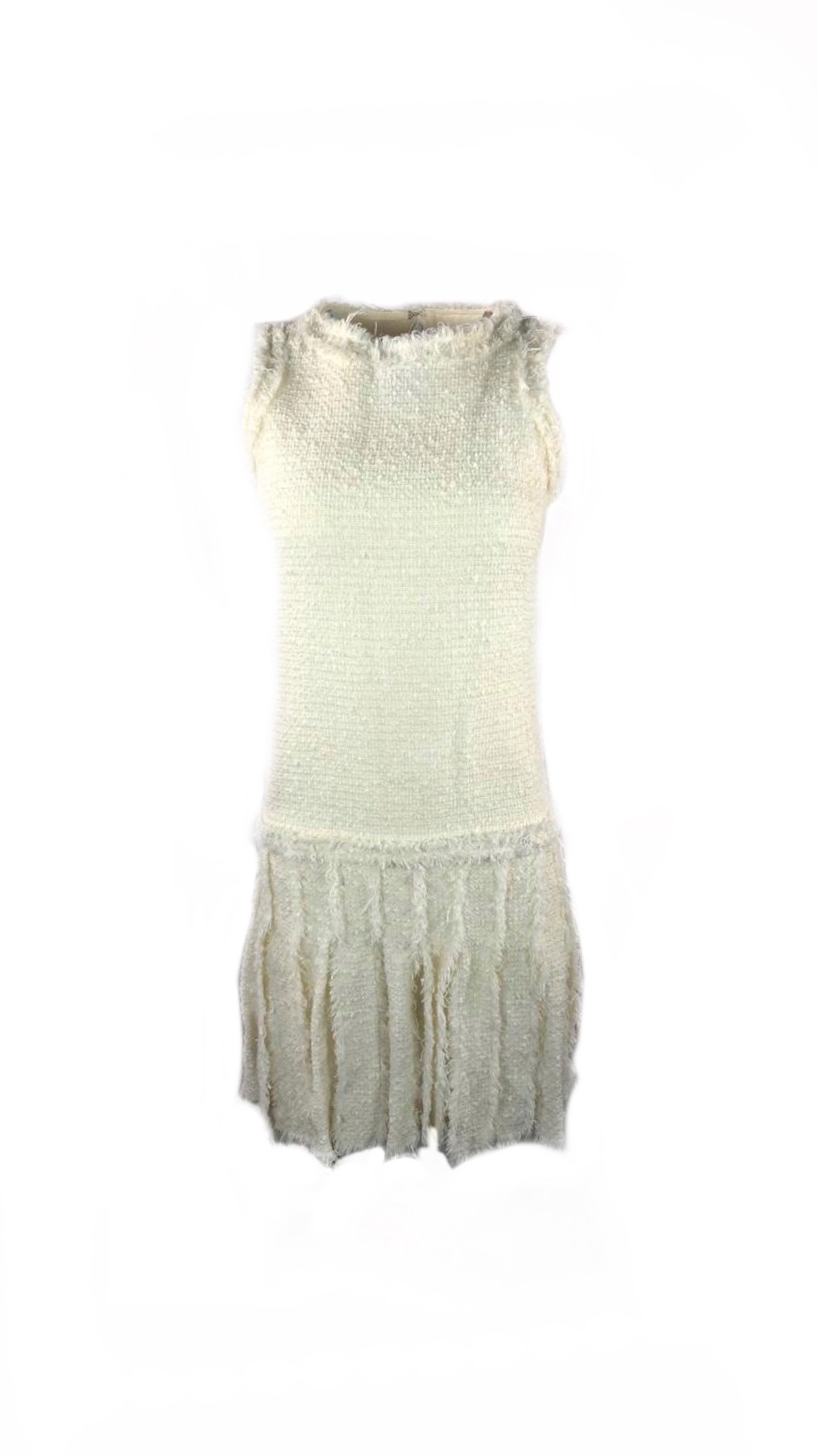 CHANEL White Tweed Fringe Sleeveless Dress Size 36 | Chanel
