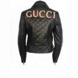 GUCCI Brown Leather Moto Jacket w/ Pearls Size 44