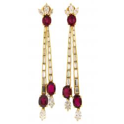 Vintage Ruby Diamond Yellow Gold Dangle Earrings French