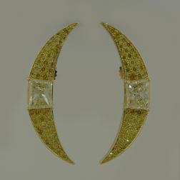 Vintage Fancy Yellow Diamond Gold Crescent Earrings