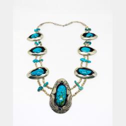 American Indian Squash Blossom Silver Turquoise and Enamel Pendant Necklace