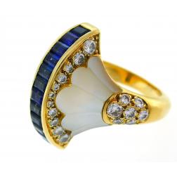 French Yellow Gold Cocktail Ring with Diamond Sapphire Mother of Pearl