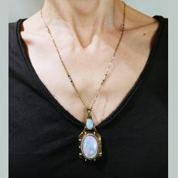 Art Nouveau Opal Yellow Gold Pendant Necklace Antique with Seed Pearl Enamel