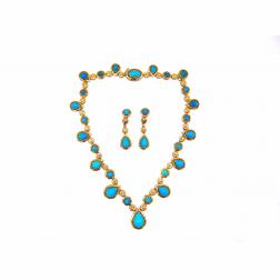 1970s Yellow Gold Turquoise Necklace Earrings Set