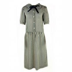 HANAE MORI Navy and White Striped Short Sleeve Midi Dress w/ Bow Size US 8