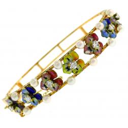 Vintage Enamel Yellow Gold Pansies Bangle Bracelet with Diamond and Pearl