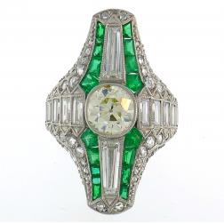 Art Deco Diamond Emerald Platinum Ring Old Cushion Cut