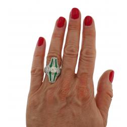 Art Deco Diamond Emerald Platinum Ring Old Cushion Cut