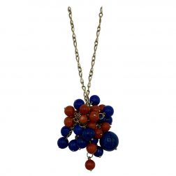 1970's Yellow Gold Chain with Lapis and Coral Bead Pendant Necklace