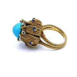 Antique French Yellow Gold Turquoise Sapphire Diamond Cocktail Ring