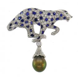 Cartier Panthere Pendant Brooch Pin Clip in Platinum Diamond Sapphire Pearl
