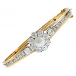 Antique Pearl Diamond 18k Gold Bangle Bracelet French Edwardian Victorian