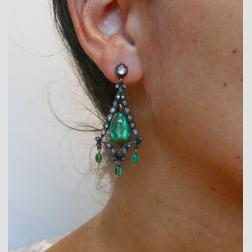 Georgian Emerald Silver 10k Gold Dangle Earrings Antique