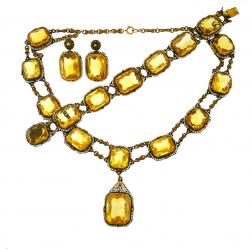 Victorian 14k Yellow Gold Necklace Earrings Bracelet Set Citrine Seed Pearl