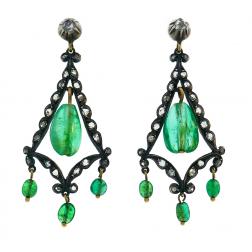 Georgian Emerald Silver 10k Gold Dangle Earrings Antique