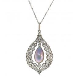 Edwardian Pearl Diamond 18k White Gold Pendant Necklace Belle Epoque