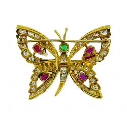 Vintage 14k Gold Butterfly Pin Brooch Clip with Diamond Ruby Emerald
