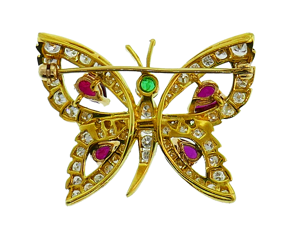 Vintage 14K Gold Butterfly Pin Brooch Clip with Diamond Ruby Emerald