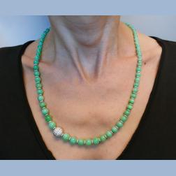 Vintage Jade Bead Necklace with Diamond 14k White Gold Rondelles and Clasp