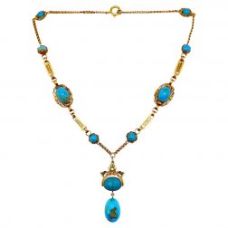 Antique Yellow Gold Diamond Enamel Turquoise Scarab Necklace