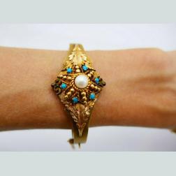 Antique Yellow Gold Turquoise Pearl Bangle Bracelet