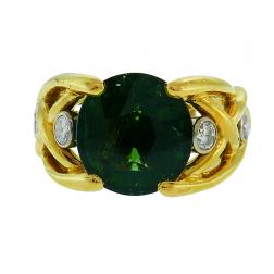 Vintage Green Tourmaline Diamond 18k Yellow Gold Ring French Signed BJ