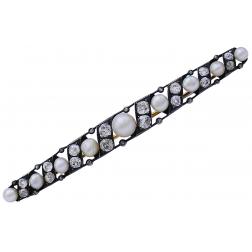 Victorian Natural Pearl Diamond Tie Pin in Silver and 14k Yellow Gold GIA Report