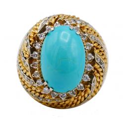 Vintage Turquoise Diamond 18k Gold Ring French Signed SC