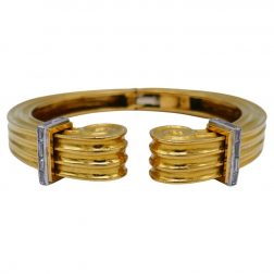 French Vintage Yellow Gold Diamond Sculptural Bangle Bracelet