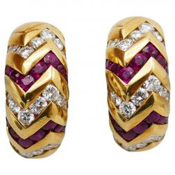 Bulgari Spiga Vintage Diamond Ruby Yellow Gold Hoop Earrings