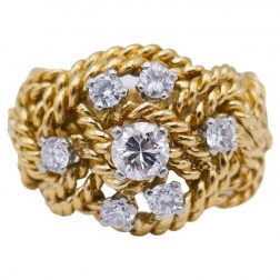 French Vintage Diamond Gold Braided Rope Ring