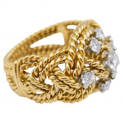 French Vintage Diamond Gold Braided Rope Ring