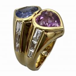 1980’s Bulgari 7.67 Carat Blue and Pink Sapphire and Diamond Double Heart Ring w/ GIA