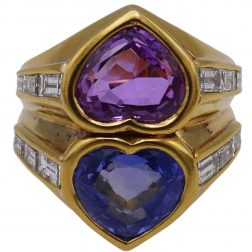 1980’s Bulgari 7.67 Carat Blue and Pink Sapphire and Diamond Double Heart Ring w/ GIA
