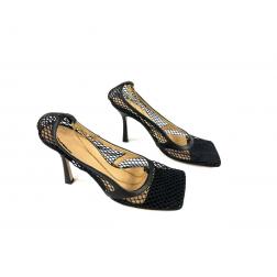 Bottega Veneta Black Stretch Mesh and Leather Square Toe Pump Heels, Size 39