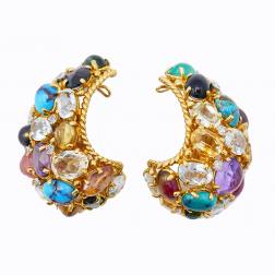 Vintage French 18k Gold Gemstones Earrings Signed MBM